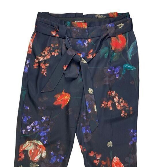 Express Paper Bag Pants Womens 6 Floral High Waisted Satin Shabby Chic Trousers - Picture 2 of 16